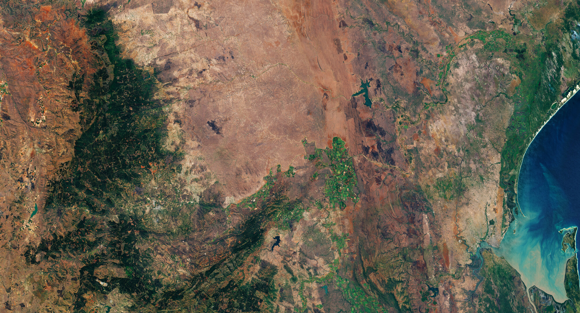 Captured by the Copernicus Sentinel-2 mission, this image shows the Crocodile River, which rises in the Steenkampsberg Mountains of Mpumalanga Province and traverses South Africa before flowing through Mozambique and into the Indian Ocean.