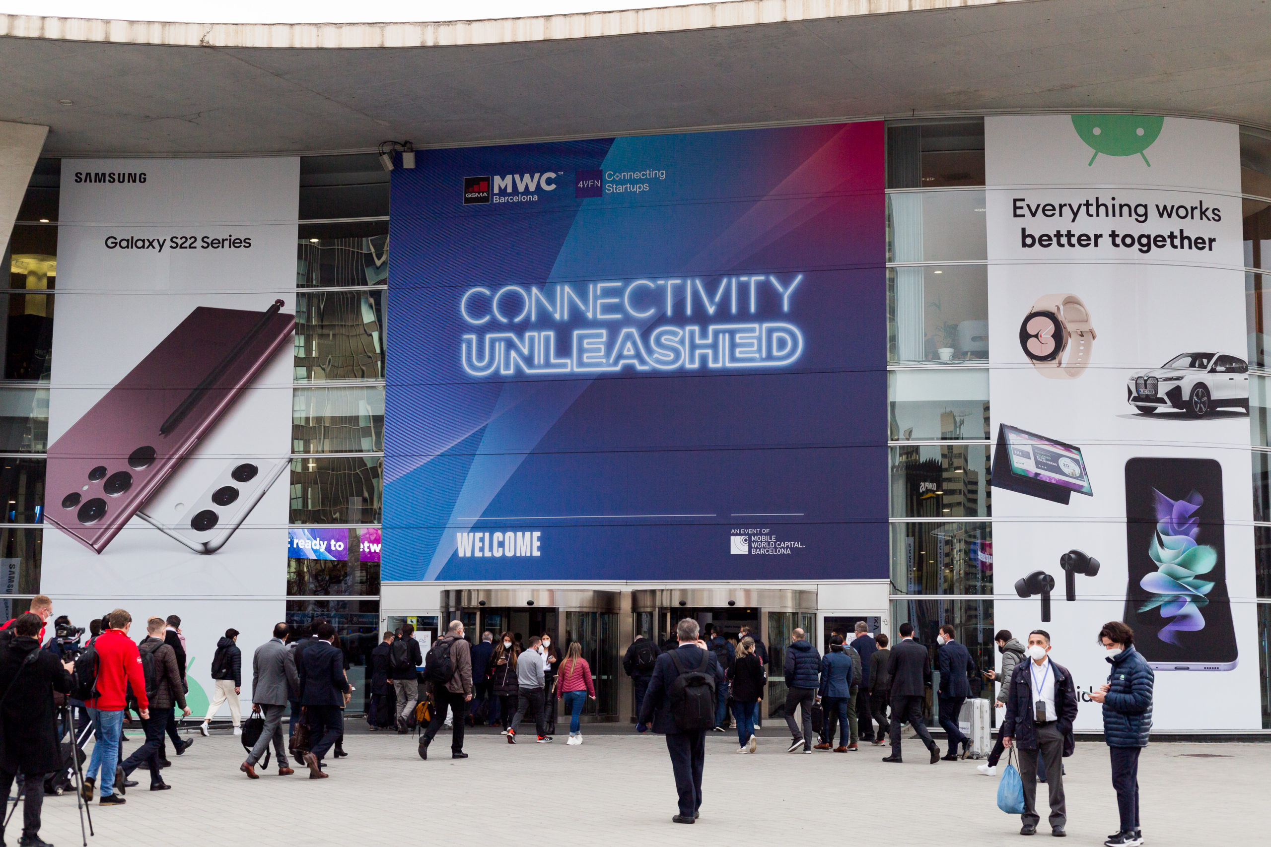 Attendees outside the venue for Mobile World Congress