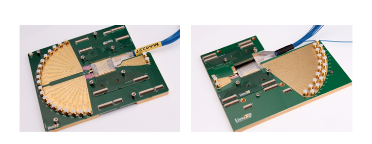 Fig 4. The 20 à 1 receive (left) and 1 à 18 transmit (right) modules from LioniX International. The modules use optical beamforming chips, visible in the centre and feature RF inputs and outputs, though they can also be interconnected via the optical fibre.